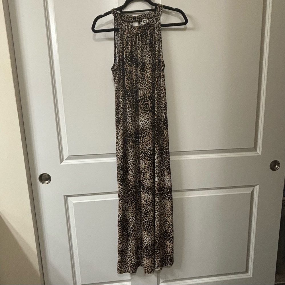 Anne Klein Womens Leopard Print Sleeveless High Neck Keyhole Maxi Dress Size 10